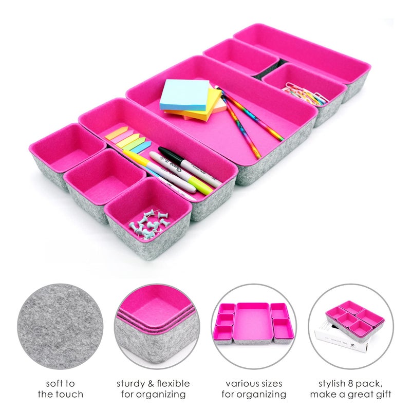 Welaxy Desk Drawer Organizer Tray Set, 8-Piece Office Drawer Organizers for Pens, Makeup, Keys, Crafts, Entryway Catchall, Decluttering Storage (Hot Pink) - Image 4